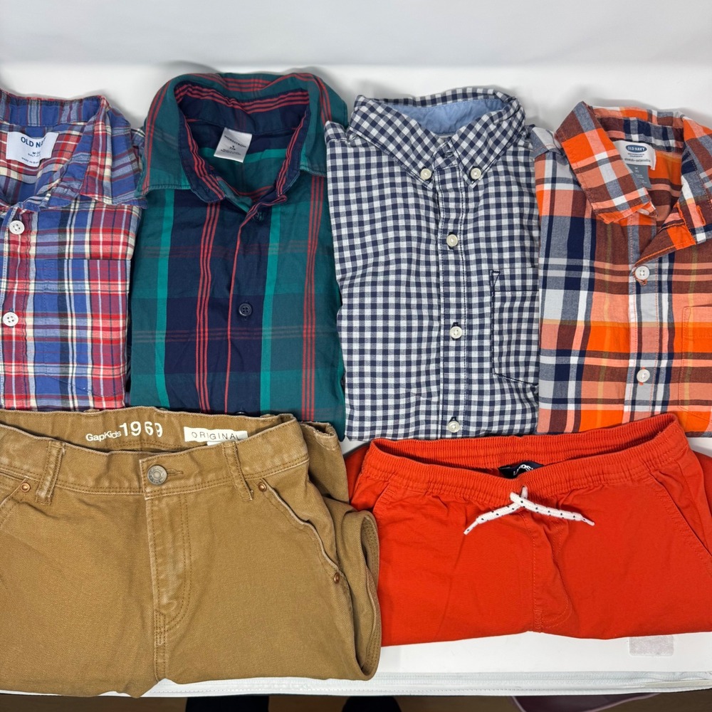 Gap Old Navy Nordstrom Boys Size 7-8 Lot 6pc Plaid Shirts Khaki Orange Pants Mix